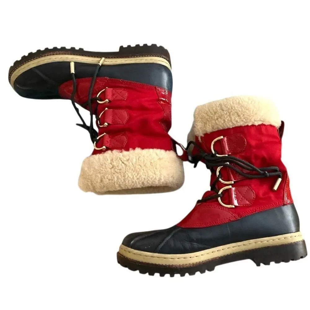 Tory Burch Red Patent Leather Winter Snow Boots 9.5 VGC - Picture 1 of 11